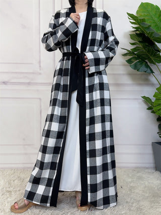 1443#  New Fashion Woman Brushed Fabric Plaid Pockets Muslim Islam Abaya