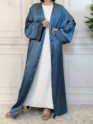 1439# New Fashion Satin Long Shiny Silver Abaya Muslim Woman Batwing Wide Split Sleeves