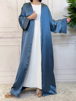 1439# New Fashion Satin Long Shiny Silver Abaya Muslim Woman Batwing Wide Split Sleeves