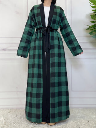 1443#  New Fashion Woman Brushed Fabric Plaid Pockets Muslim Islam Abaya