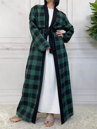 1443#  New Fashion Woman Brushed Fabric Plaid Pockets Muslim Islam Abaya