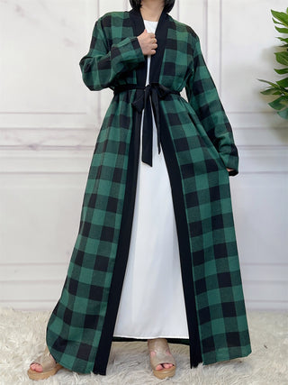 1443#  New Fashion Woman Brushed Fabric Plaid Pockets Muslim Islam Abaya