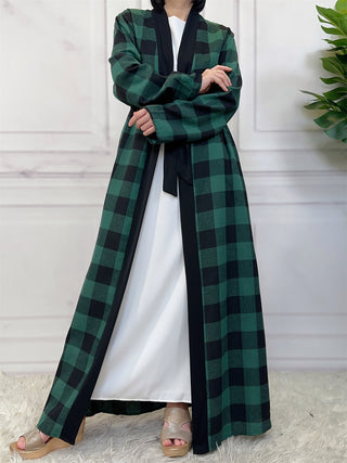 1443#  New Fashion Woman Brushed Fabric Plaid Pockets Muslim Islam Abaya