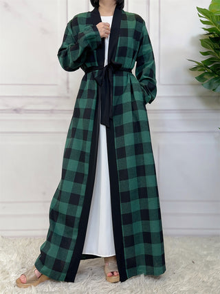 1443#  New Fashion Woman Brushed Fabric Plaid Pockets Muslim Islam Abaya