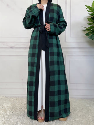 1443#  New Fashion Woman Brushed Fabric Plaid Pockets Muslim Islam Abaya