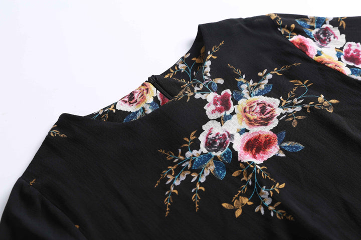 9071# Romantic Rose Print Dress, Elegant Long Sleeve Flare Cuff Design, Perfect for Daily Wear & Parties, Unique Fashion Style