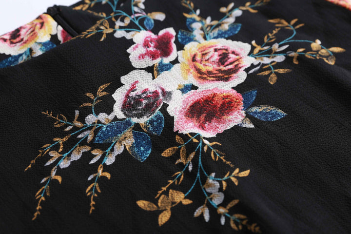 9071# Romantic Rose Print Dress, Elegant Long Sleeve Flare Cuff Design, Perfect for Daily Wear & Parties, Unique Fashion Style