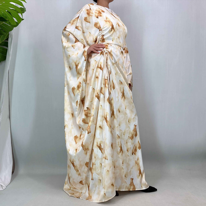 1477# Satin Maxi Modest Dress | Artistic Print Bat Sleeve | Adjustable All-Size Boho Dres