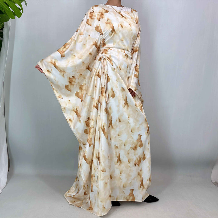 1477# Satin Maxi Modest Dress | Artistic Print Bat Sleeve | Adjustable All-Size Boho Dres