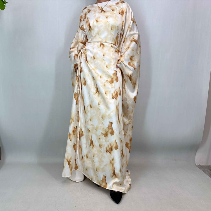 1477# Satin Maxi Modest Dress | Artistic Print Bat Sleeve | Adjustable All-Size Boho Dres