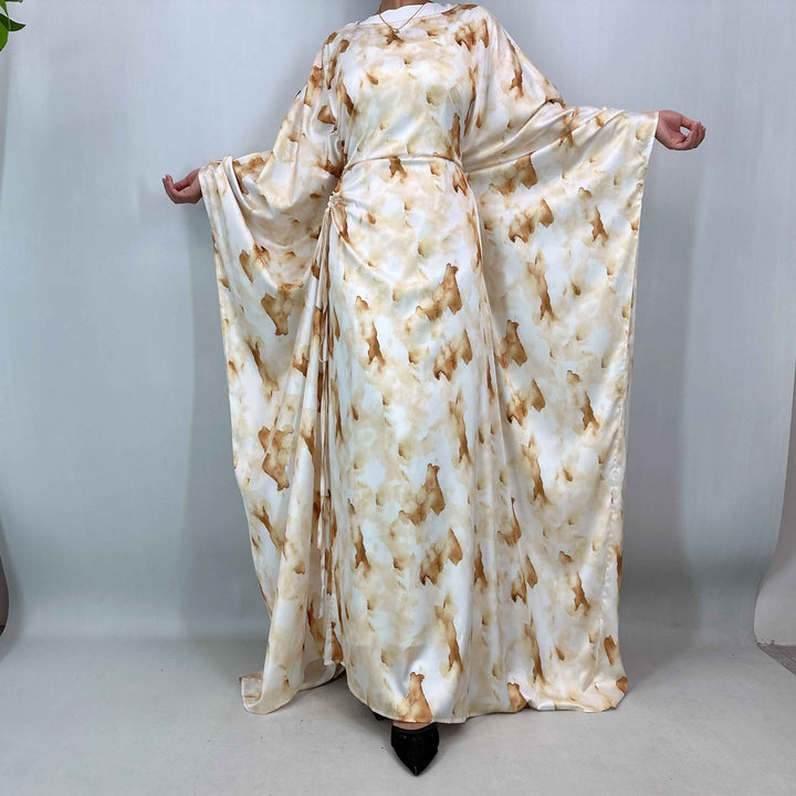 1477# Satin Maxi Modest Dress | Artistic Print Bat Sleeve | Adjustable All-Size Boho Dres