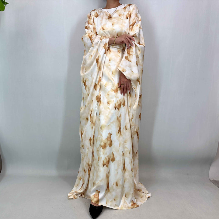1477# Satin Maxi Modest Dress | Artistic Print Bat Sleeve | Adjustable All-Size Boho Dres