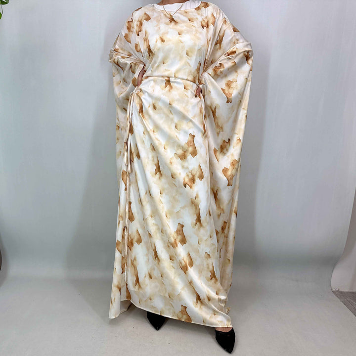 1477# Satin Maxi Modest Dress | Artistic Print Bat Sleeve | Adjustable All-Size Boho Dres
