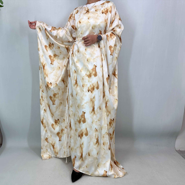 1477# Satin Maxi Modest Dress | Artistic Print Bat Sleeve | Adjustable All-Size Boho Dres