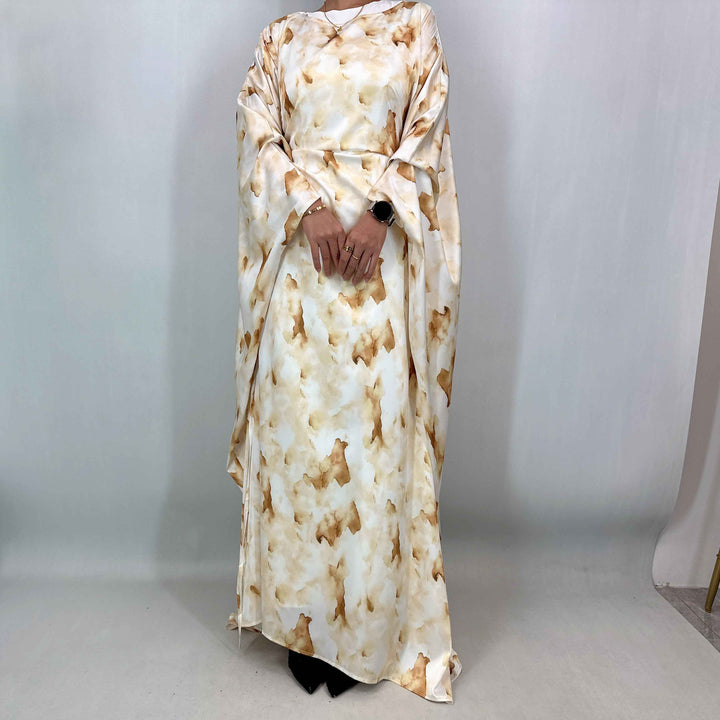 1477# Satin Maxi Modest Dress | Artistic Print Bat Sleeve | Adjustable All-Size Boho Dres
