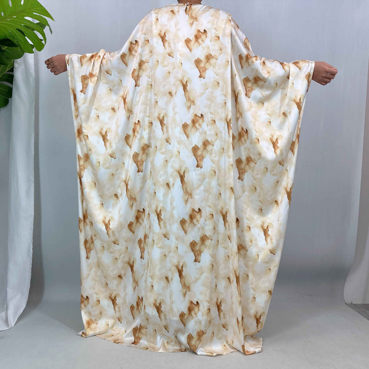 1477# Satin Maxi Modest Dress | Artistic Print Bat Sleeve | Adjustable All-Size Boho Dres