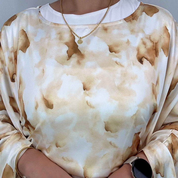 1477# Satin Maxi Modest Dress | Artistic Print Bat Sleeve | Adjustable All-Size Boho Dres