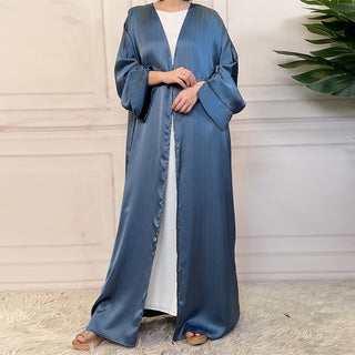 1439# New Fashion Satin Long Shiny Silver Abaya Muslim Woman Batwing Wide Split Sleeves